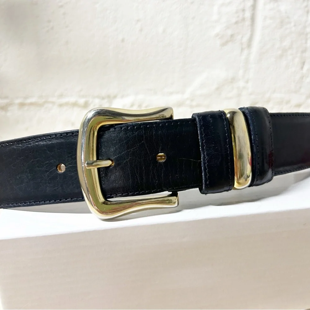VTG Talbots Black Genuine Leather Belt with Gold Buckle Sz M